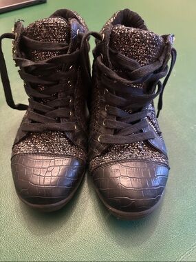 Call It Spring Black Tweed & Faux-Croc High Top Booties wedge.